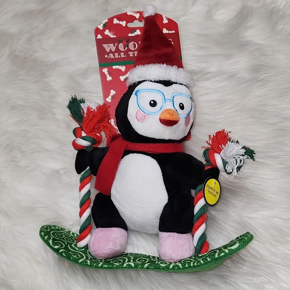 Christmas Penguin On Snowboard Squeaker Dog Toy New With Tags